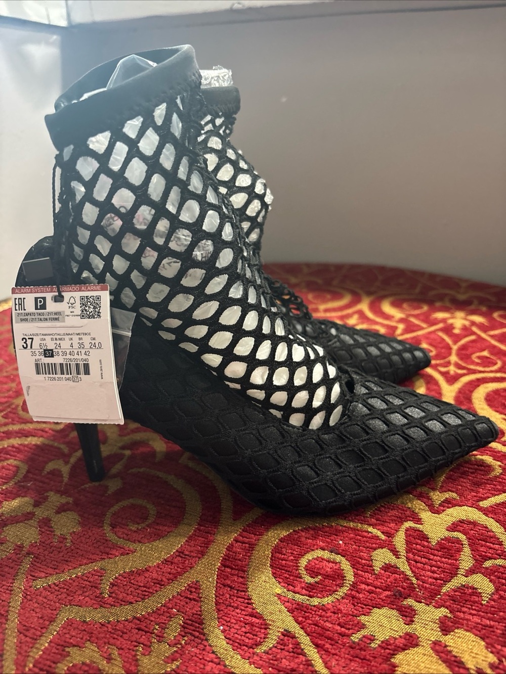Zara Black Fishnet Pointed-Toe Stiletto Booties